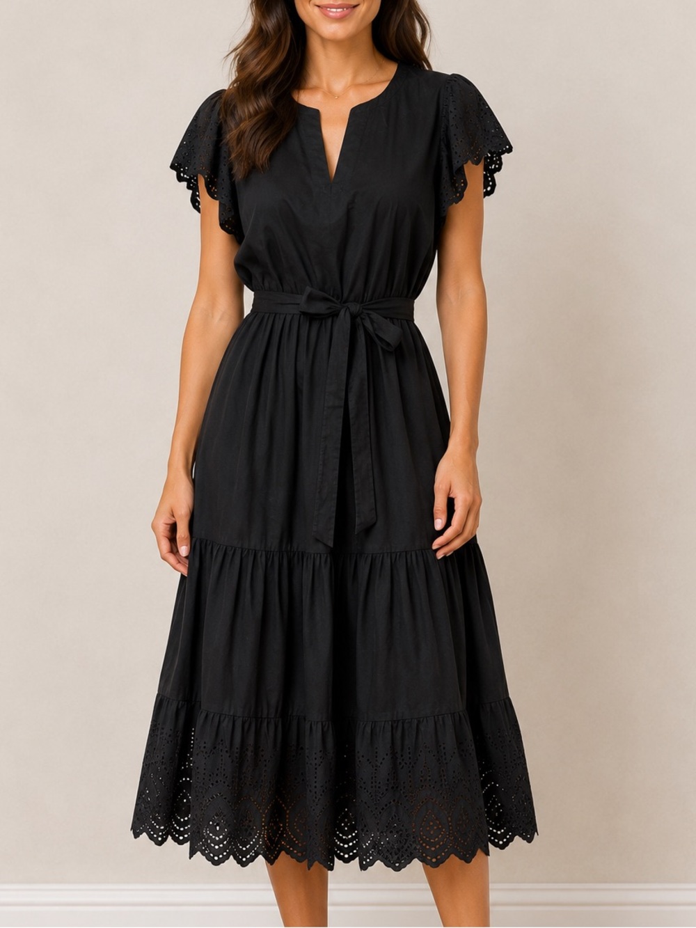 Nine West Black Eyelet Midi Dress Flutter Sleeve Tiered Tie Waist Size XL